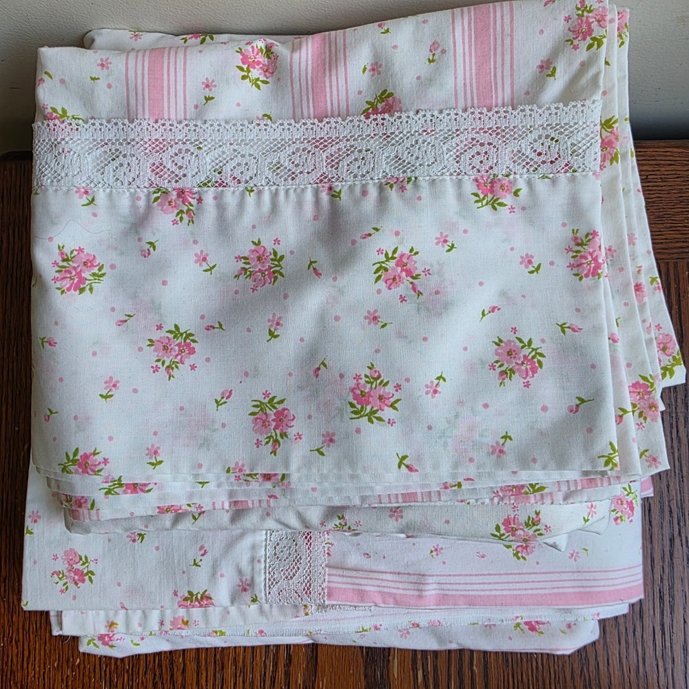 Vintage Floral Lace Full Sheet Set Pink Cottage Boho Grandma Lace Stripes